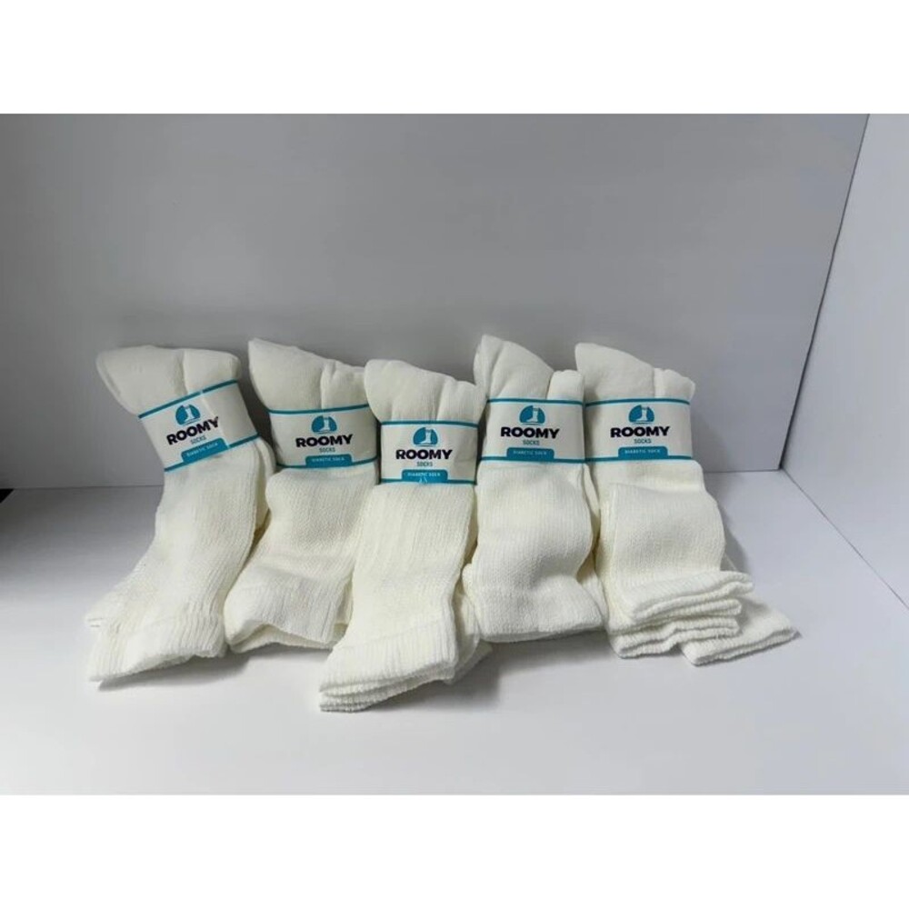 5 Pair Roomy Diabetic Socks White Crew Size 8-10 J800M Made in USA New